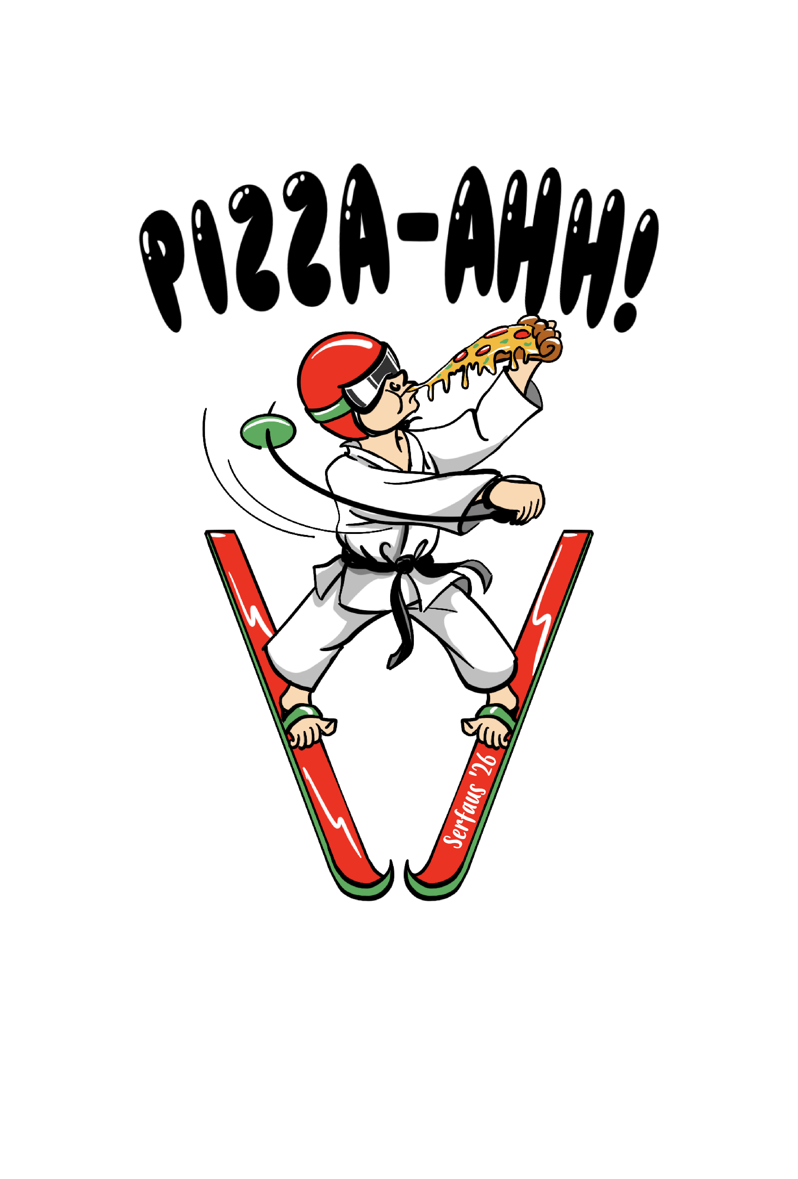 Pizza-Ahh! Logo - Skifahrer isst Pizza